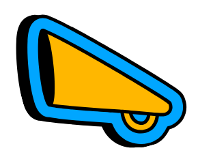 A stylized megaphone graphic with a yellow speaker horn, black accents, a blue outline, and a yellow button at the handle.