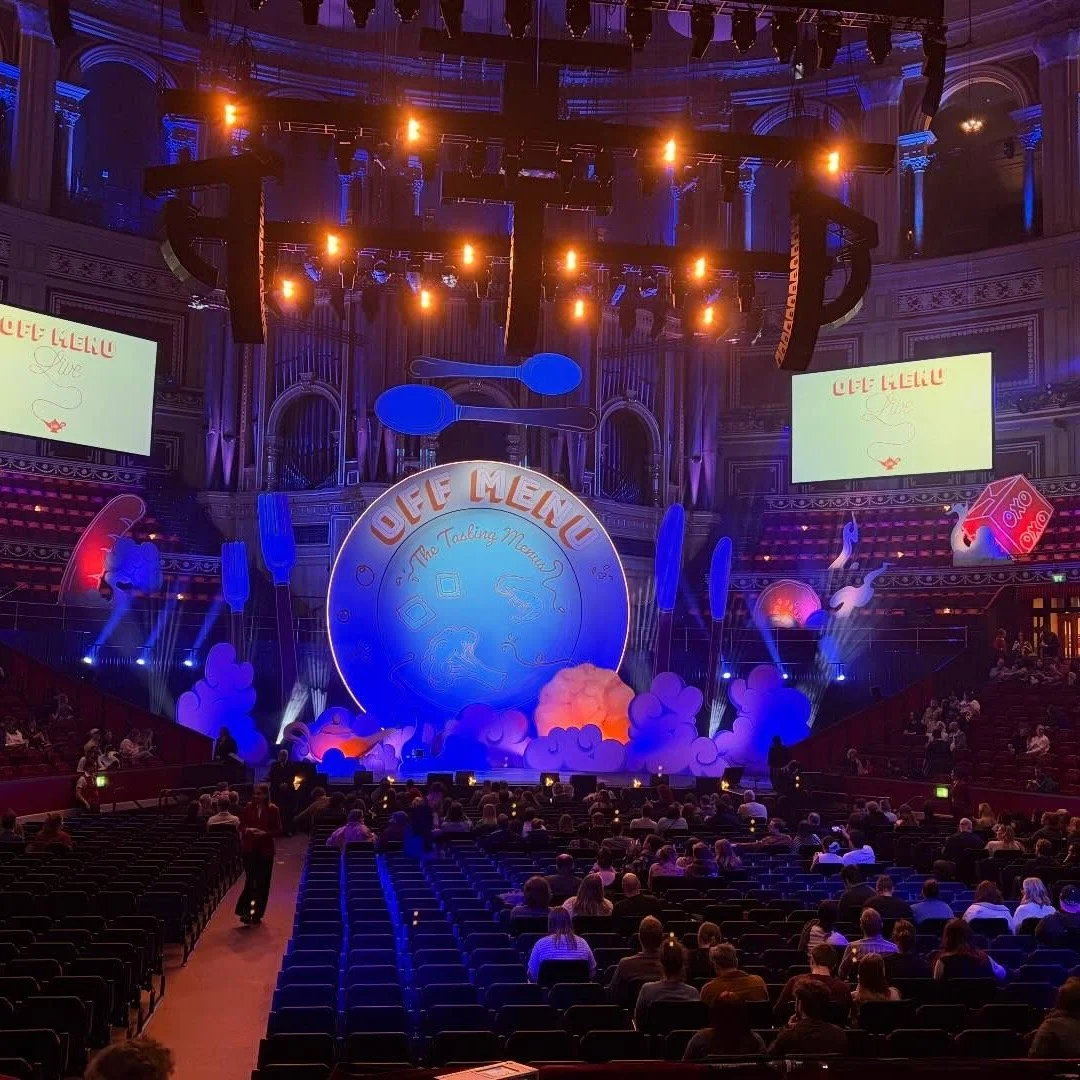 Serving up something special for @offmenuofficial at the iconic Royal Albert Hall 🍽️

For this run of live shows we created a giant triple-print circular scrim, designed to be backlit so the vegetables burst into bright, colourful life on stage. Wit