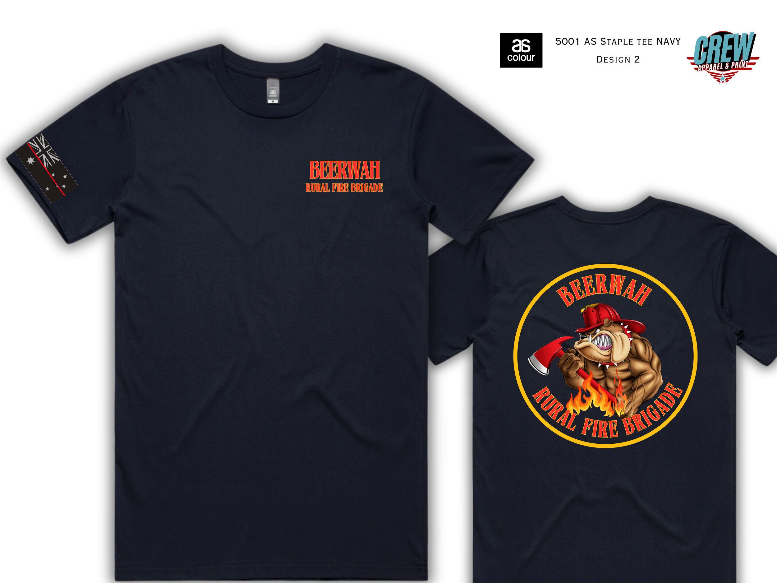 Navy T-shirt with a short sleeve, front and back view. The front has red text that reads "BEERWAH RURAL FIRE BRIGADE". The back features a circular emblem with a muscular bulldog holding an axe, wearing a red fire helmet, with flames and the text "BE