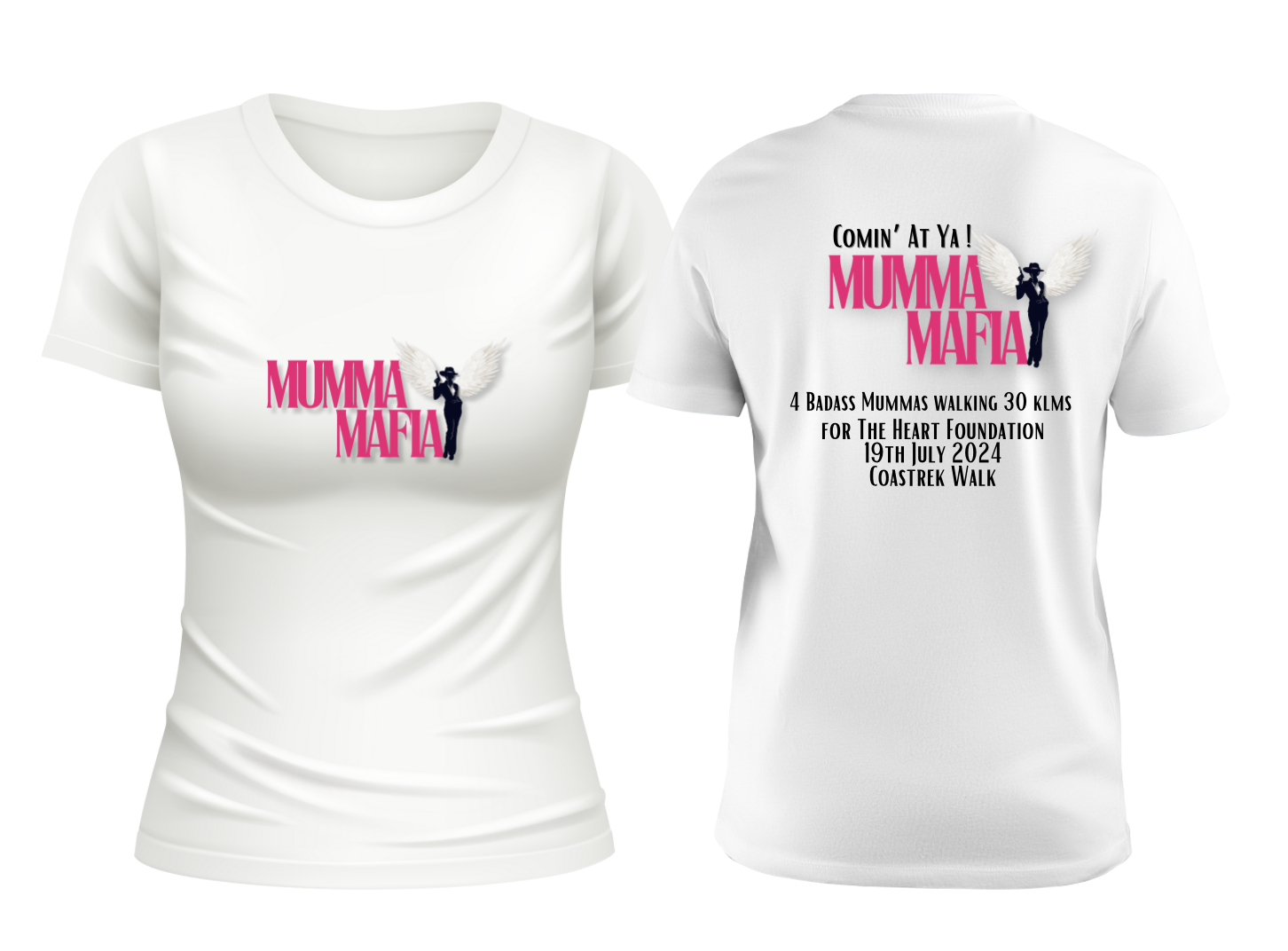 White T-shirt with pink and black text and a graphic of a woman with wings and a camera on the front and back. The front says "MUMMA MAFIA" with a woman with wings holding a camera. The back has the same "MUMMA MAFIA" text, an additional phrase "Comi