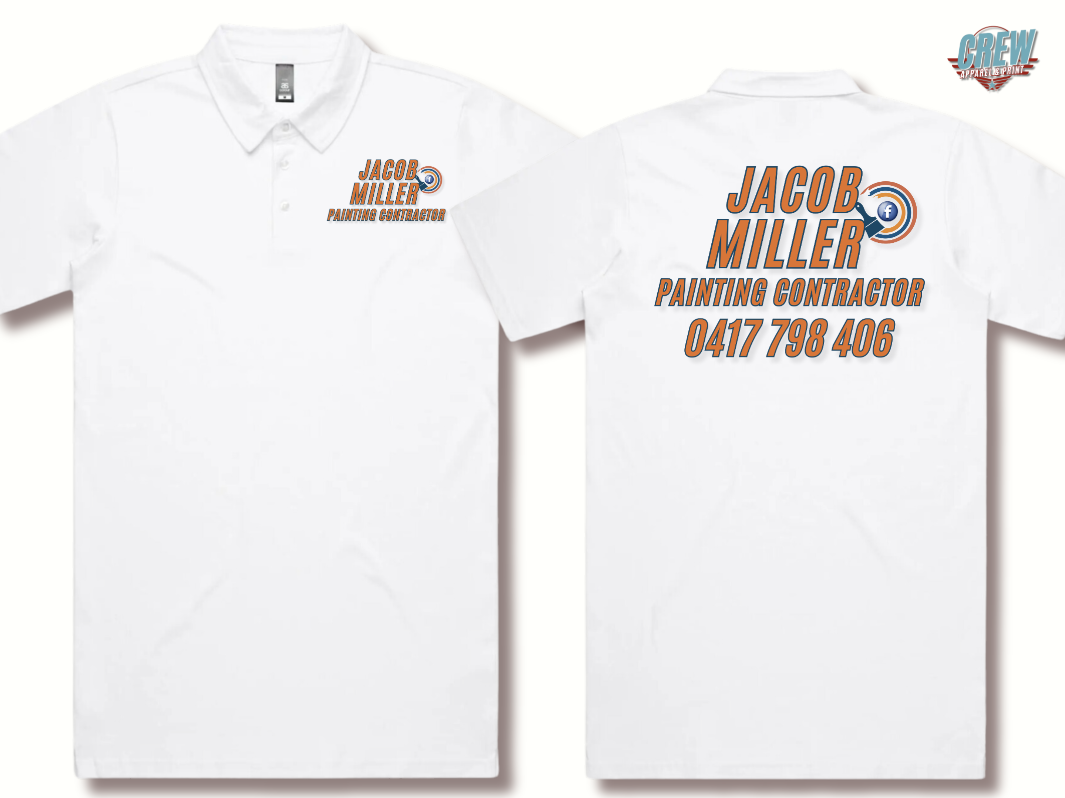 White polo shirt with company branding for Jacob Miller, painting contractor. Front and back views, with the back displaying the phone number 0417 798 406 and a logo with a target and Facebook icon.