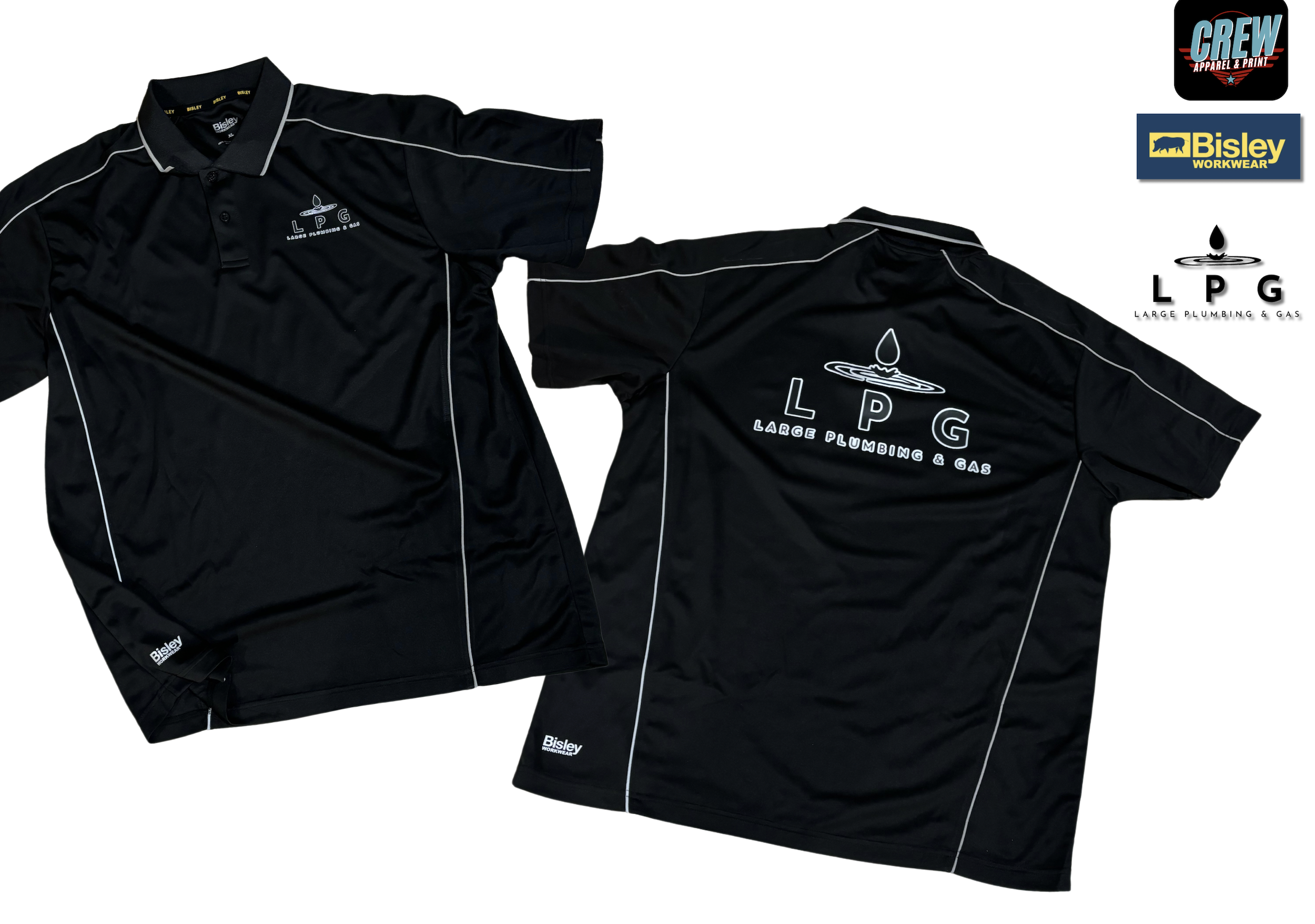 Black collared polo shirt with white piping and logo for Large Plumbing & Gas on the front and back, laid flat against a white background. Includes branding and logos from Crew Apparel & Print, Bisley Workwear, and Large Plumbing & Gas.