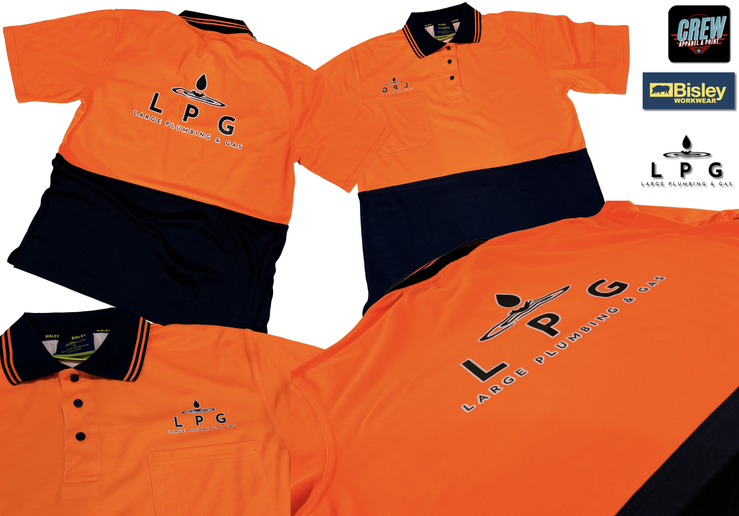 Set of orange and black work shirts and polo shirts with logos for large plumbing and gas company and workwear brand, displayed flat against a white background.