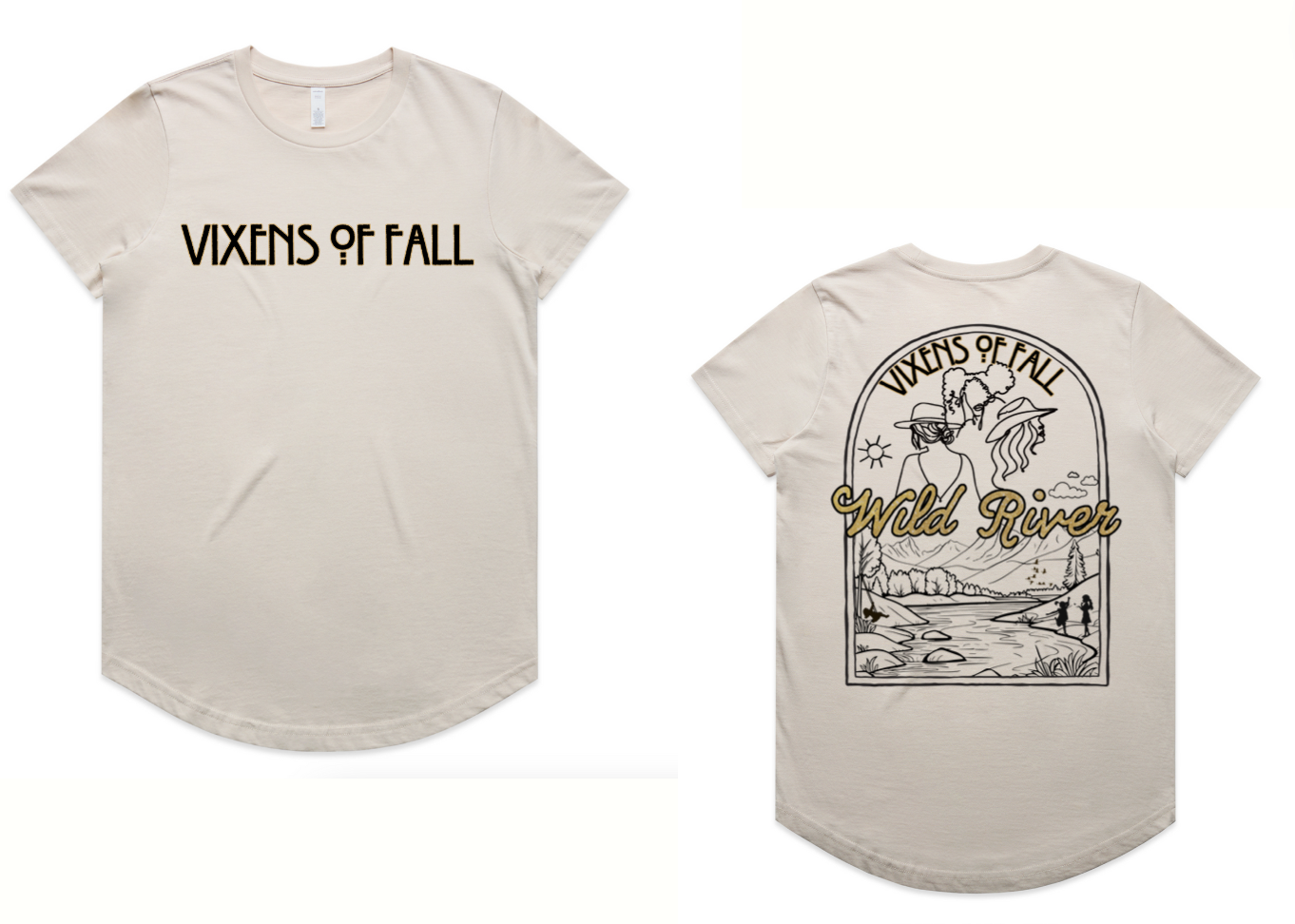 Beige T-shirt with the front and back designs. The front has black text "VIXENS OF FALL." The back features a scenic illustration of two women with hats and flowers, a river, mountains, trees, a sun, and birds, with the text "VIXENS OF FALL" and "Wil