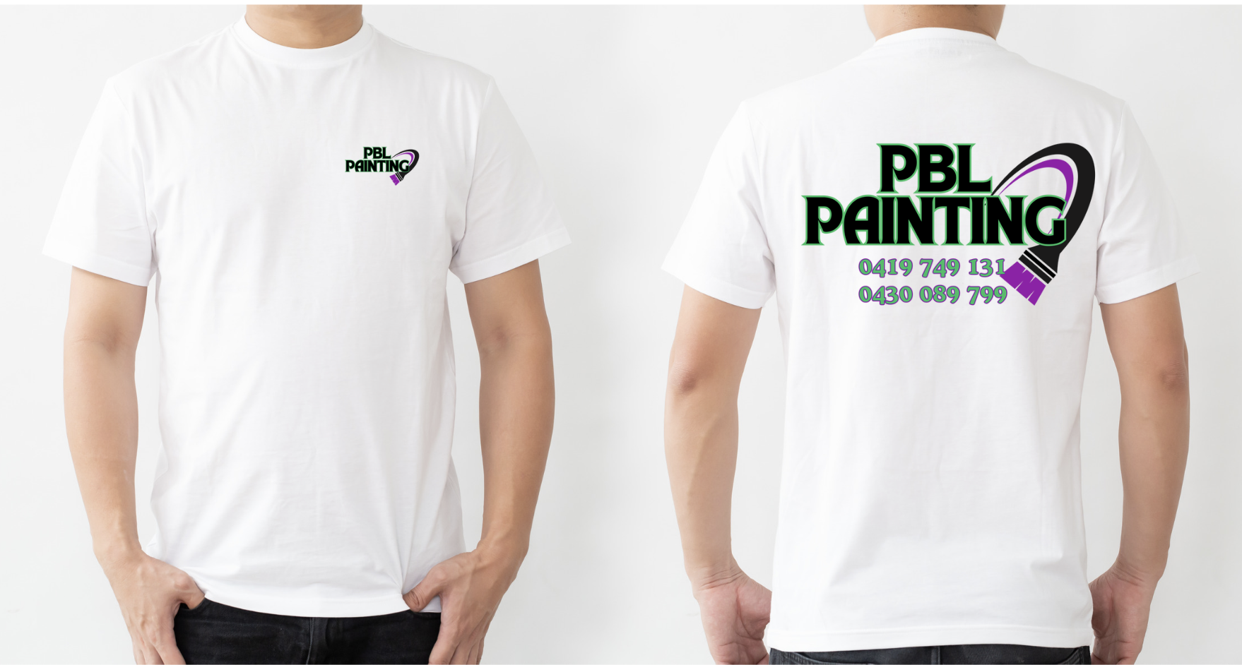 White T-shirt with a logo on the front and large logo on the back for PBL Painting, with contact numbers 0419 749 131 and 0430 089 799.