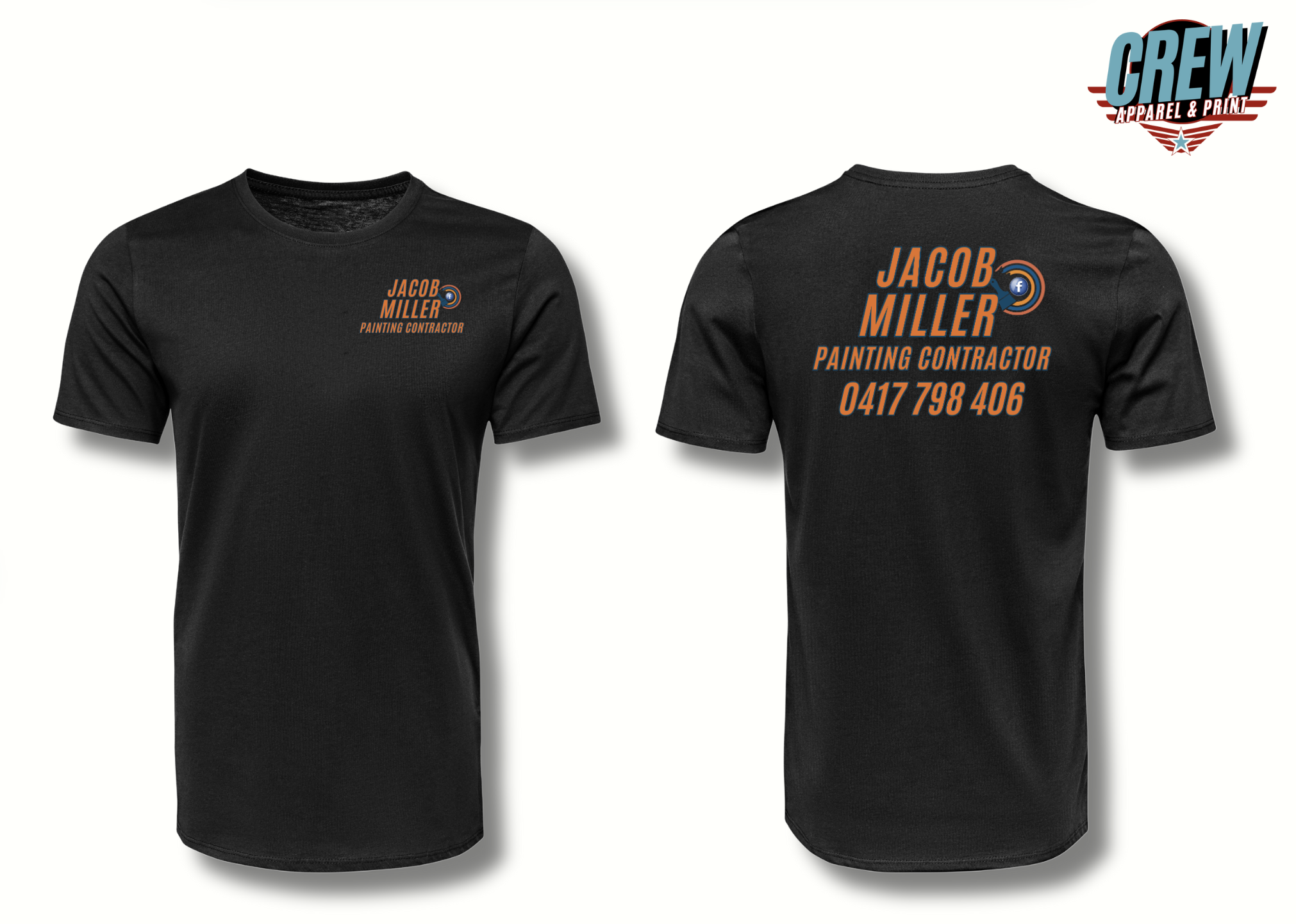 Black T-shirt with front and back designs for Jacob Miller, painting contractor. The front has a small logo with a target and Facebook icon. The back includes the name, profession, and phone number, with the logo and text in orange and blue.