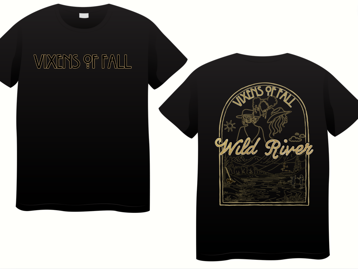 Black t-shirt with gold outlines. Front text: 'Vixens of Fall'. Back graphic: a woman in a witch hat, a witch broom, mountains, river, and sunset, with the text 'Vixens of Fall' and 'Wild River'.