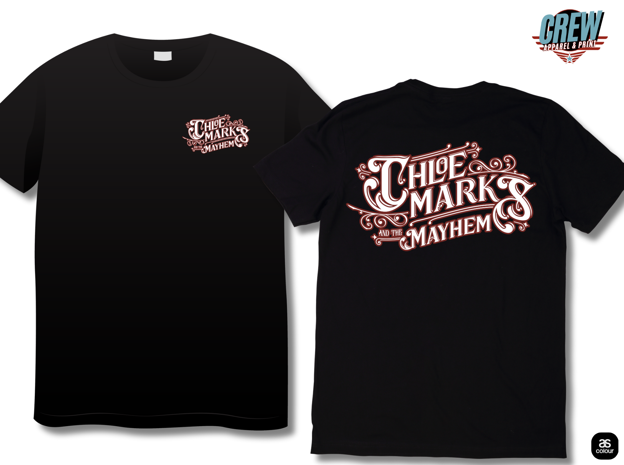 Black T-shirt displaying a decorative logo that reads 'Thee Mark and the Mayhem' in white and red lettering.