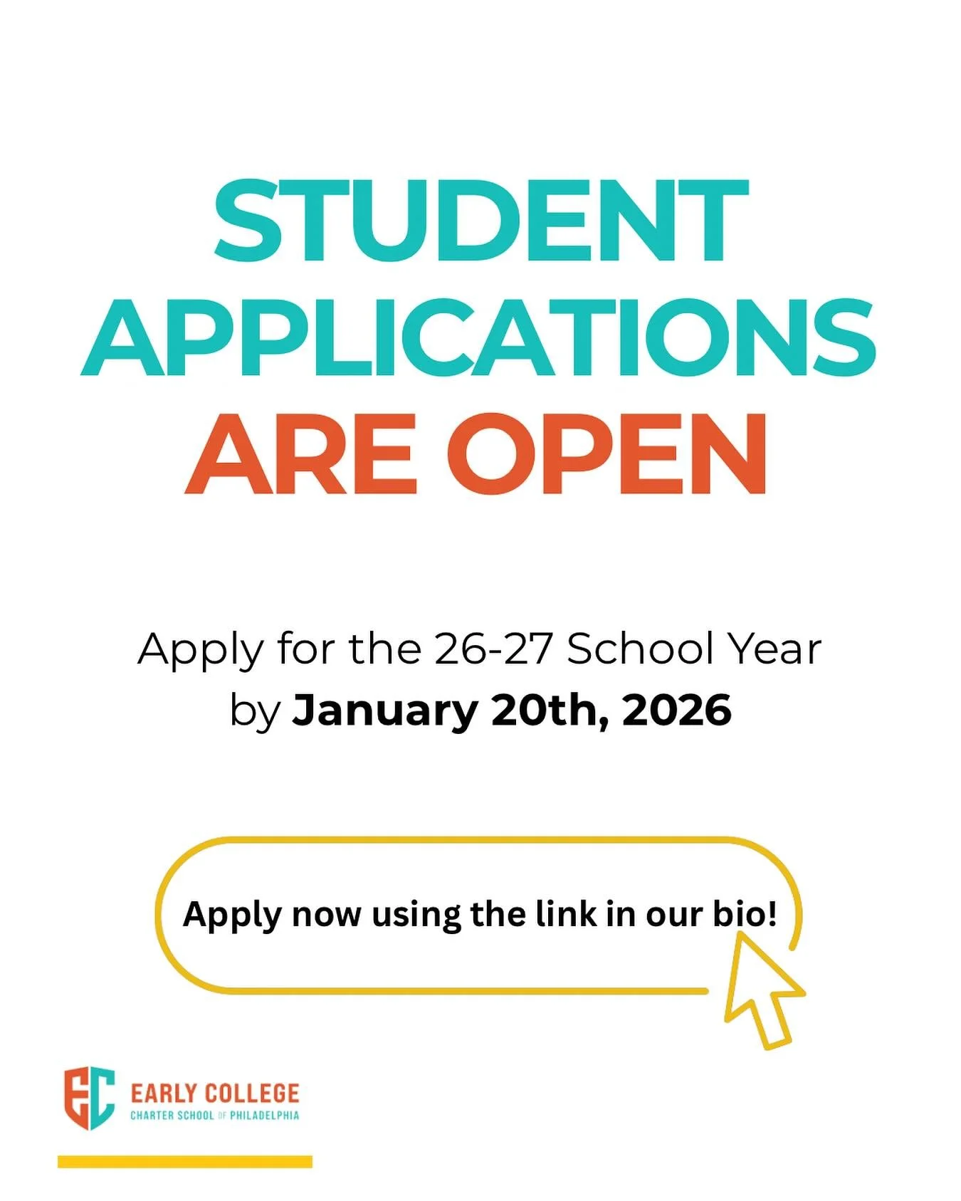 Join our founding 6th &amp; 9th grade classes! Student applications for Early College Charter School are open. Apply by January 20th, 2026!

How to Apply:
📱 Apply through Apply Philly Charter on your device.
🏫 Apply at our open house on Saturday, N