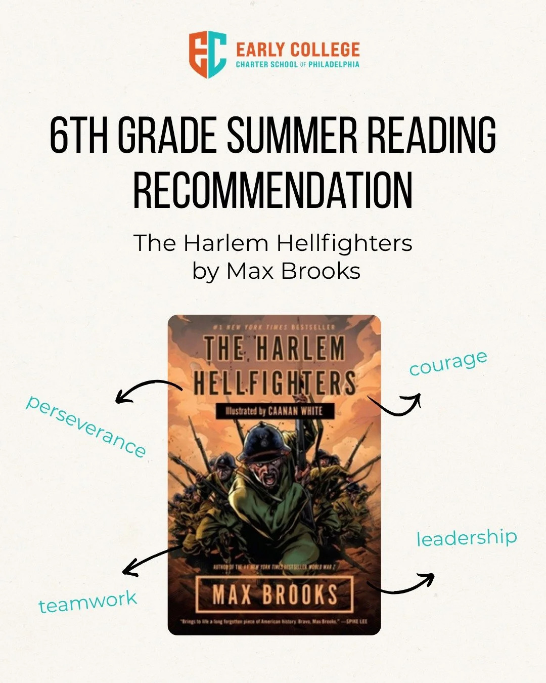 Summer Reading Recommendations, Part 1! This month, we'll be sharing book recommendations from our team. First up: The Harlem Hellfighters by Max Brooks, recommended for incoming 6th grade students.

Through powerful storytelling and engaging illustr