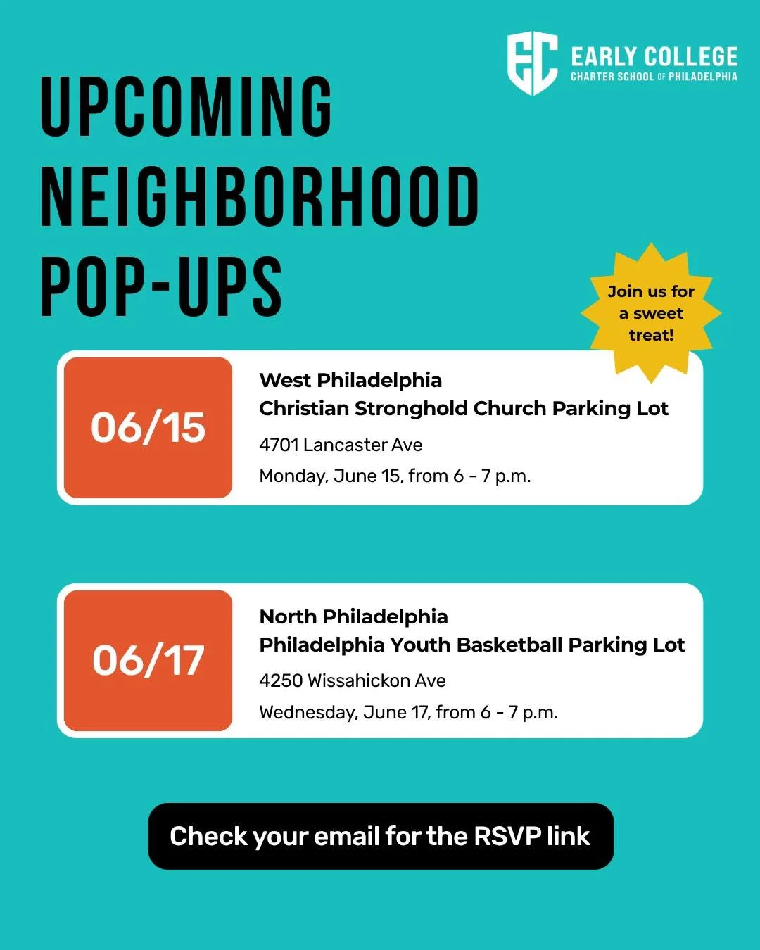 We&rsquo;re popping up in your neighborhood! 🍧 

Join us for an ECPHL Pop-Up Social - a casual opportunity for incoming students and families to stop by - enjoy free water ice, meet members of the ECPHL team and connect with future classmates. 

📍 
