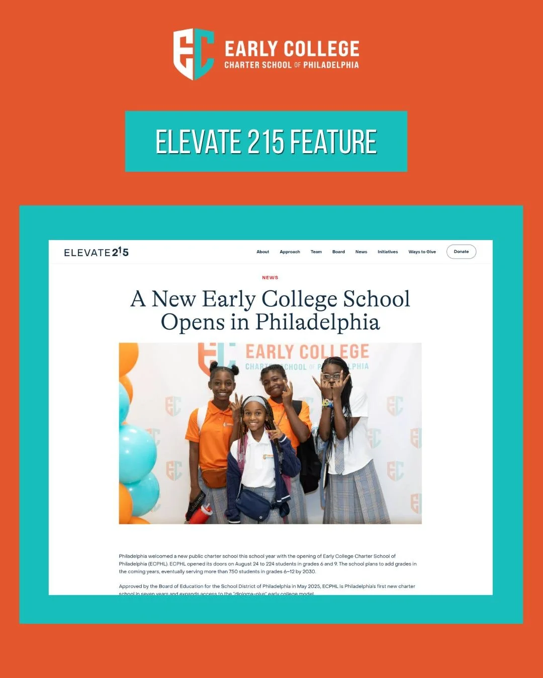 Thank you to Elevate 215 (@elevate_215) for highlighting the opening of Early College Charter School of Philadelphia. 🩵🧡

The article shares more about our diploma-plus early college model and how ECPHL is creating opportunities for Philadelphia st