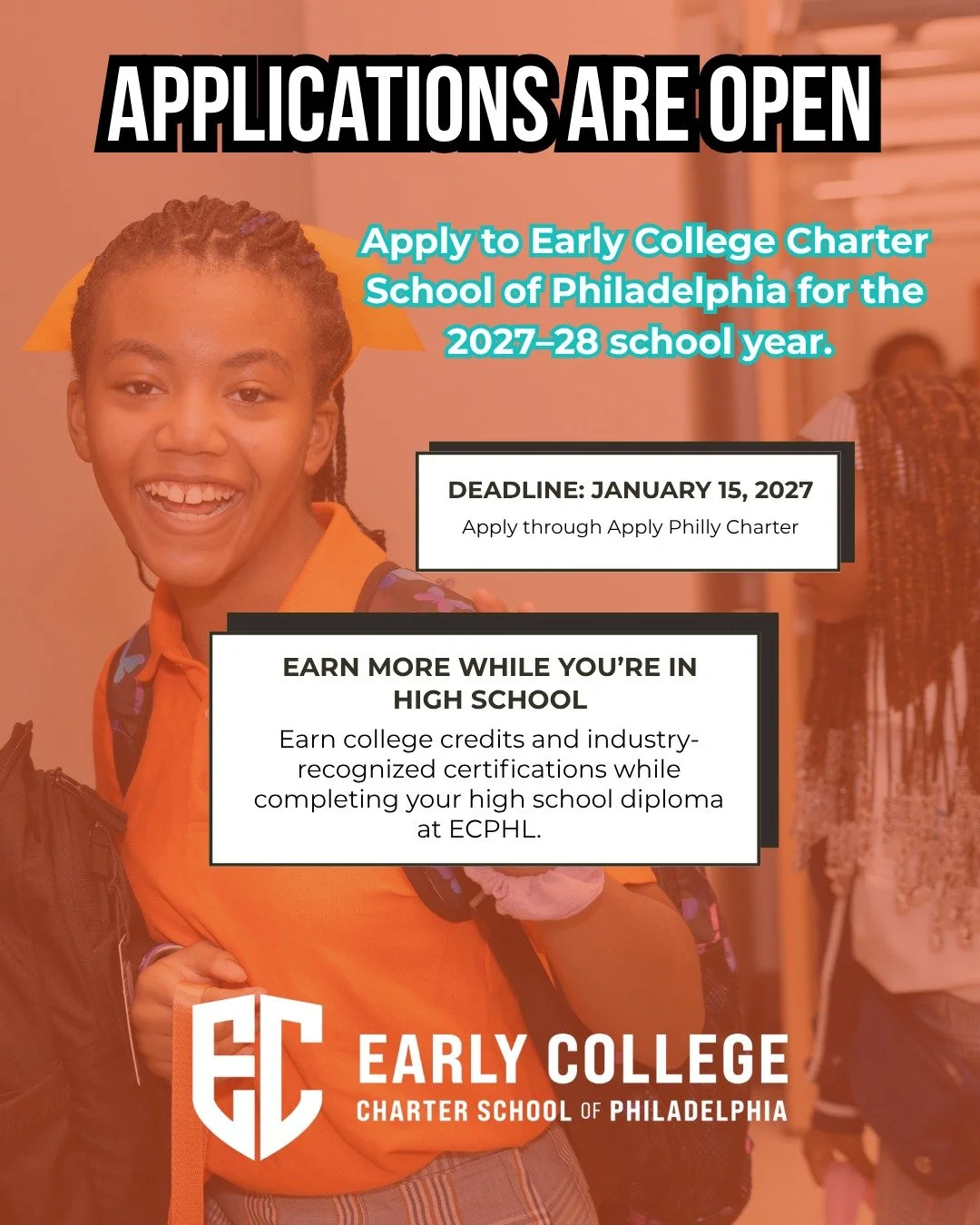 Applications are open for the 2027&ndash;28 school year! 🎓

At Early College Charter School of Philadelphia, students can work toward their high school diploma while earning college credits and industry-recognized certifications that can help prepar