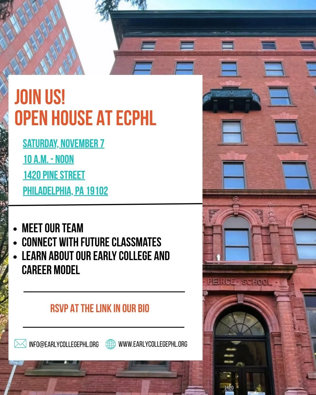 Interested in ECPHL for the 2027&ndash;28 school year? Come see what our school community is all about!

Join us for an Open House from 10 a.m. to noon on Saturday, November 7 to learn more about ECPHL&rsquo;s early college model, meet members of our