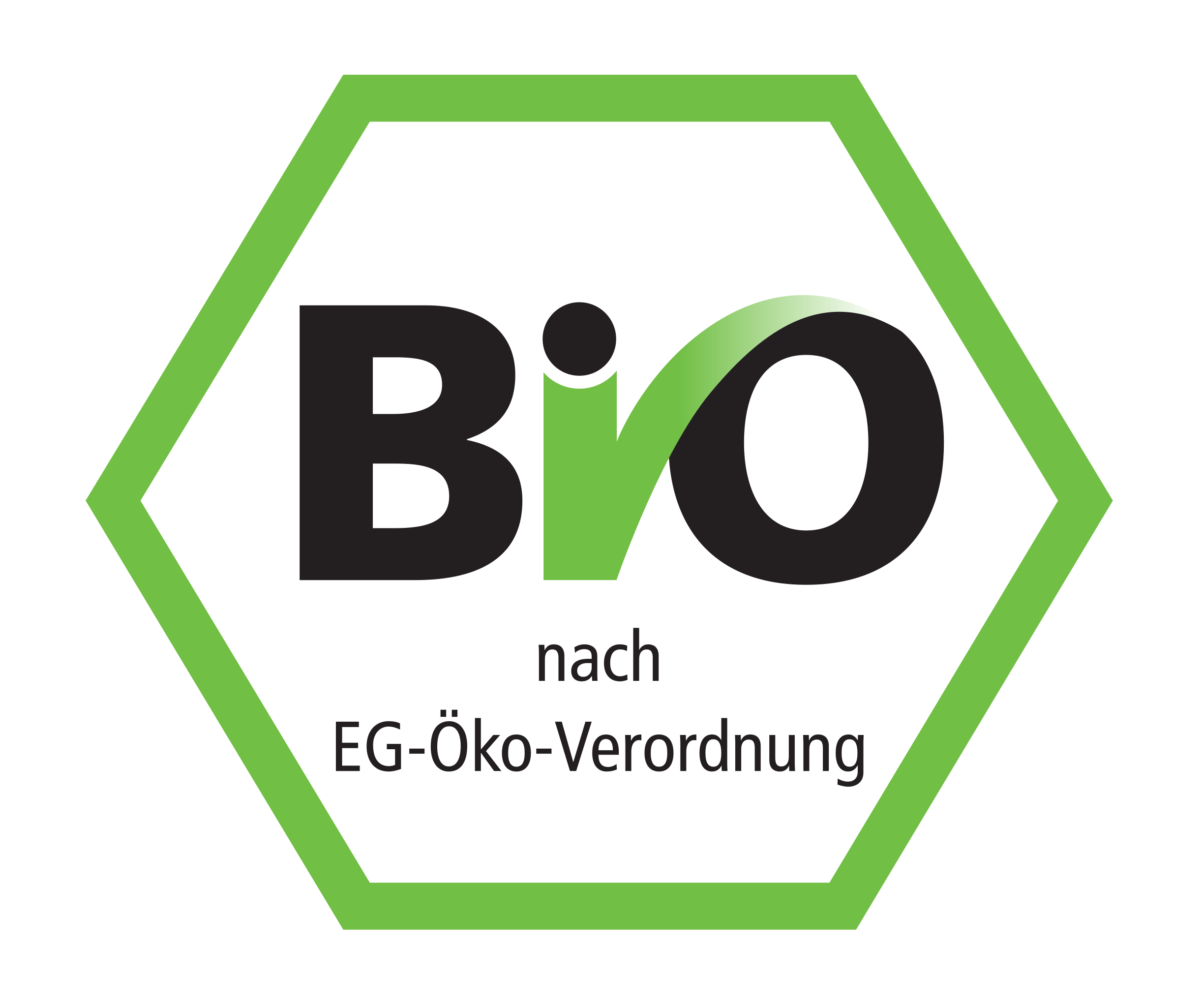 Bio-Siegel mit grüner Hexagon-Umrandung und schwarzem Schriftzug 'BIO' in der Mitte, darunter steht 'nach EG-Öko-Verordnung'.
