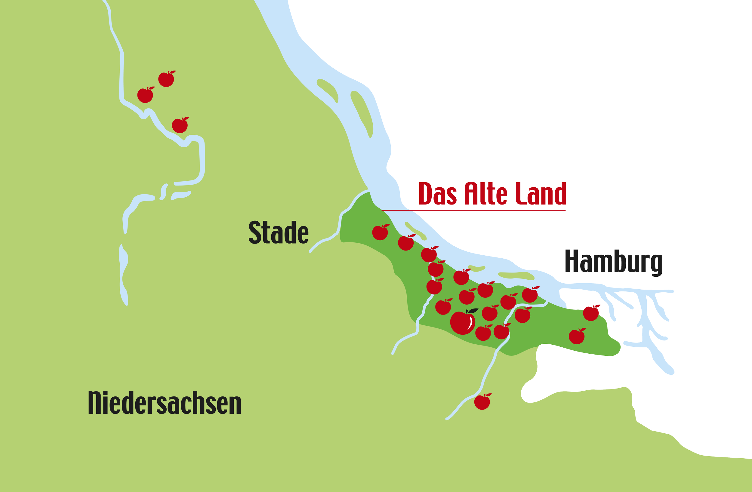Karte von Norddeutschland mit Markierungen von Apfelbäumen in einer alten Region namens Das Alte Land bei Hamburg, im grünen Gebiet Niedersachen, mit Flüssen und einer Stadt namens Stade.