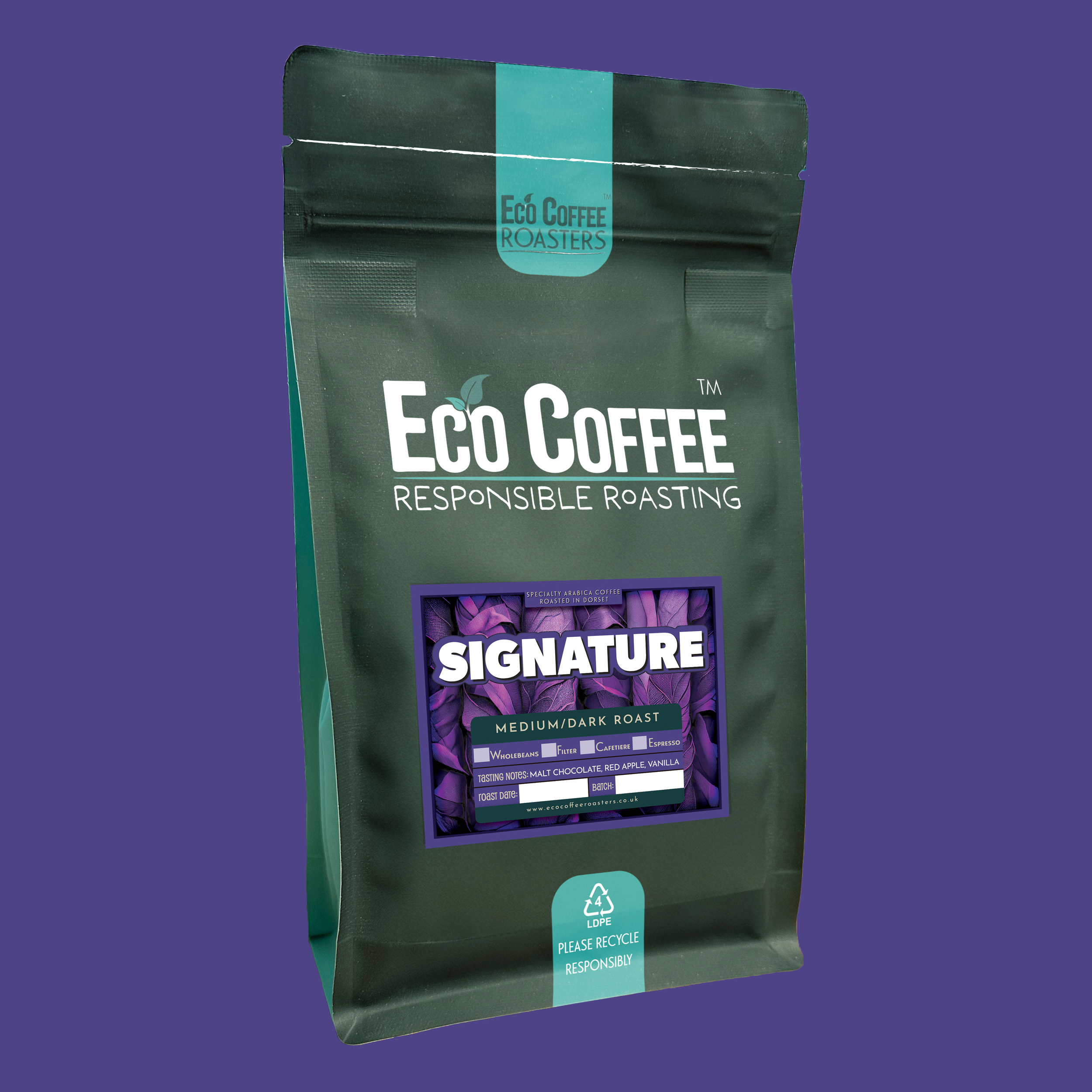 Bag of Eco Coffee Signature Medium/Dark Roast with a cup of coffee on coffee beans, purple curtain backdrop.