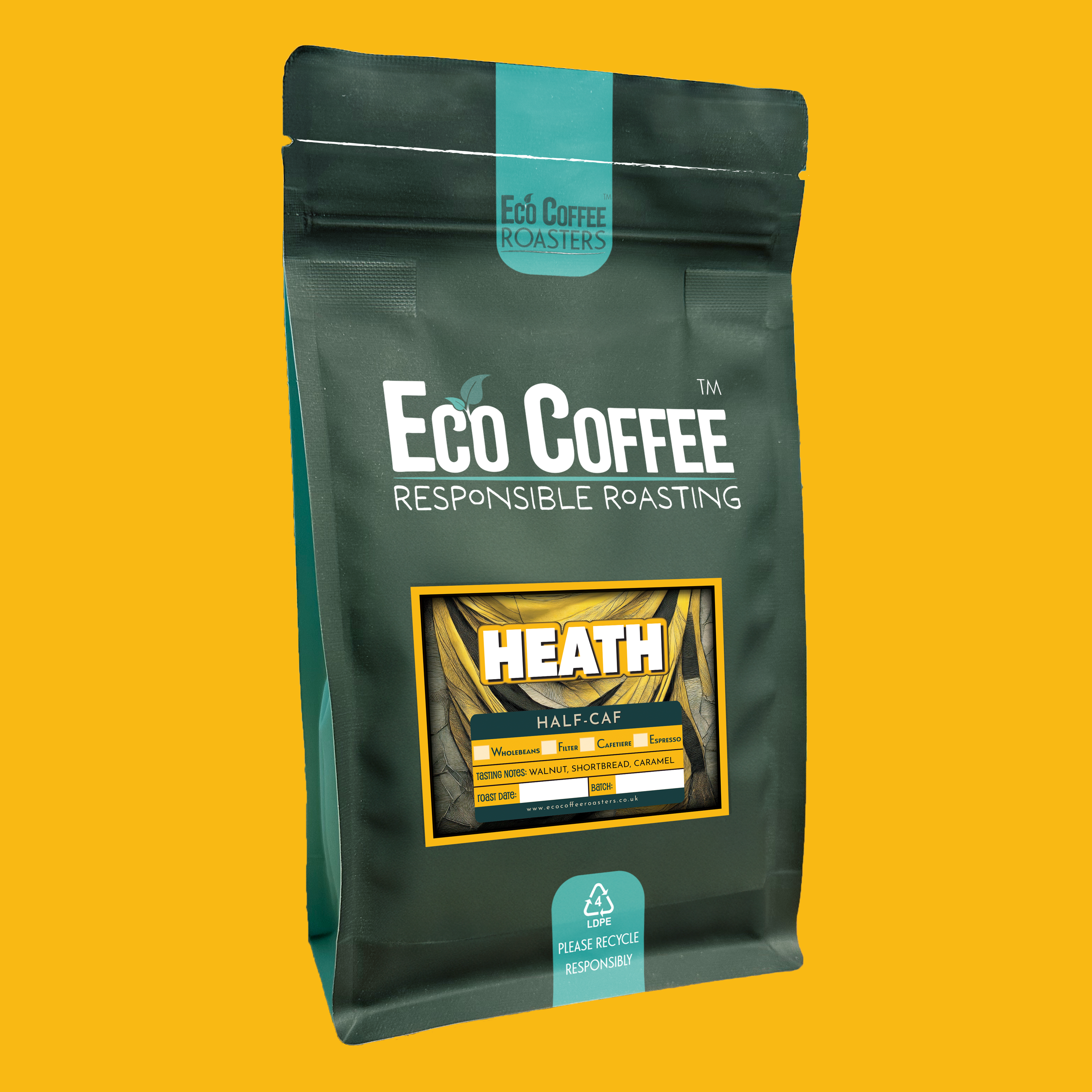 Eco Coffee Roasters packaging with yellow curtain and purple plants background