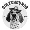 Logo with a cartoon coonhound dog wearing a cowboy hat, with text 'DIRTYHOUNDS EST. 2004'