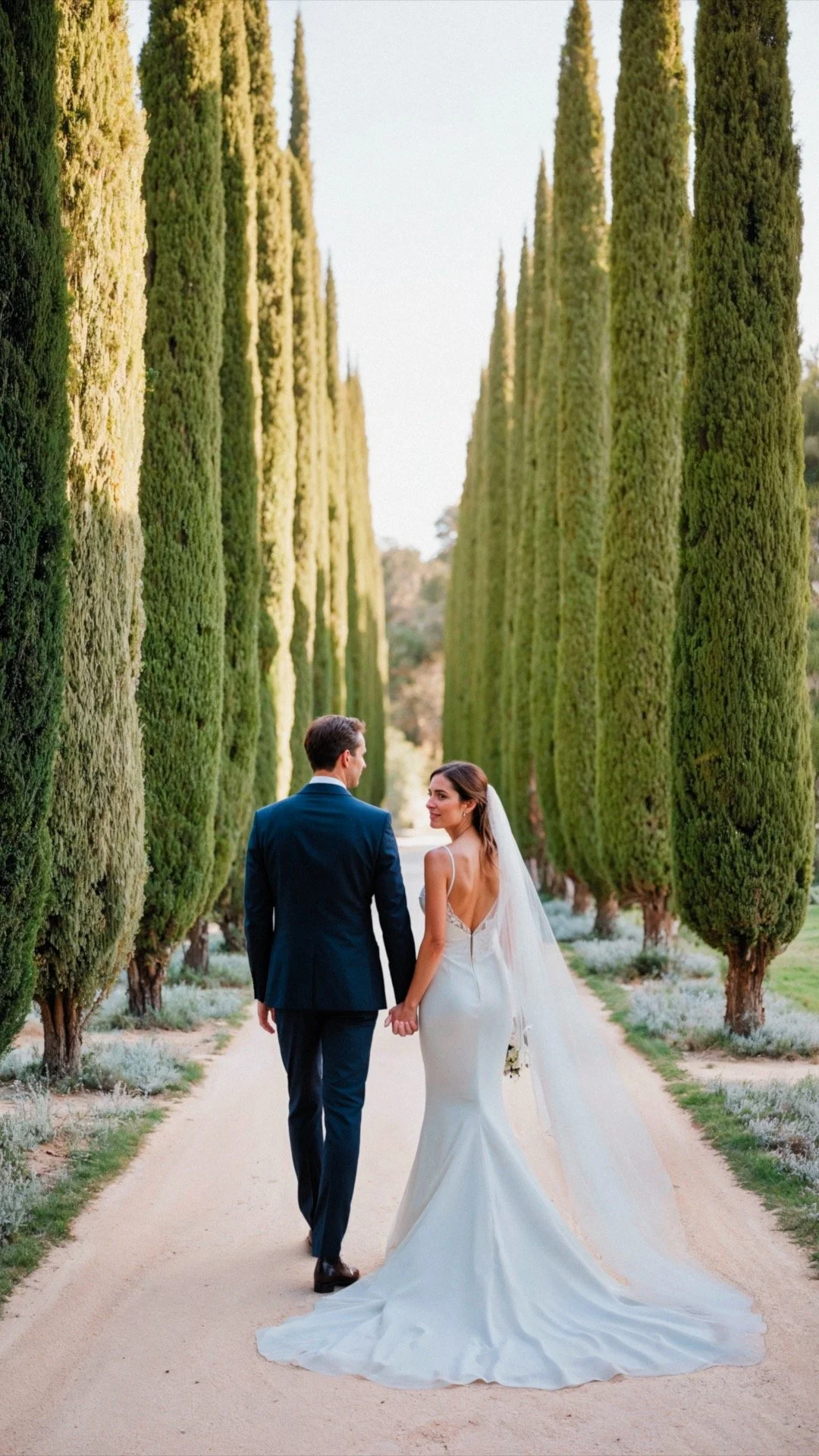 Un couple de mariés marche main dans la main sur un sentier bordé de grands cyprès, dans un cadre naturel élégant, photographié lors de la journée ensoleillée.
