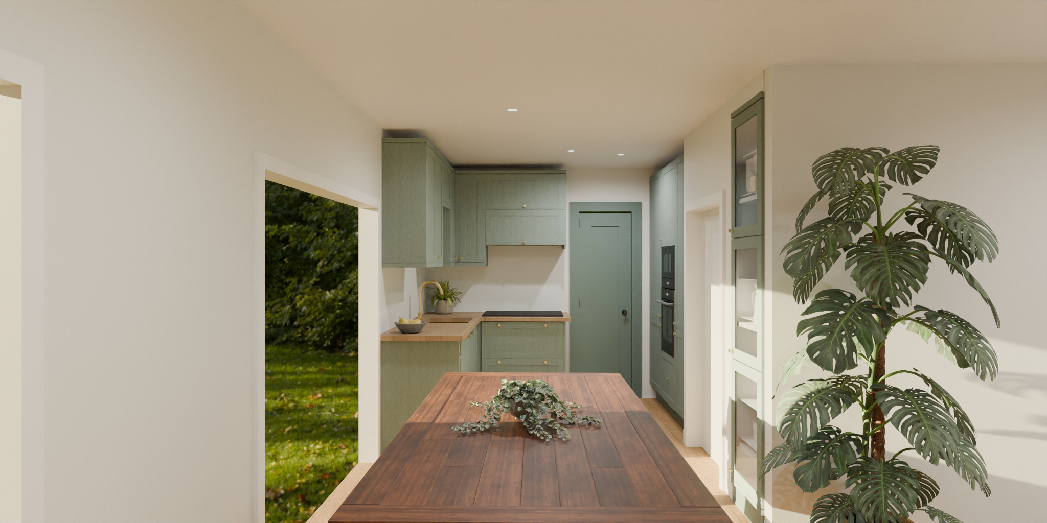 Bright kitchen with light green cabinets, wooden countertop, white walls, and a wooden dining table with a potted plant. Large window showing greenery outside.