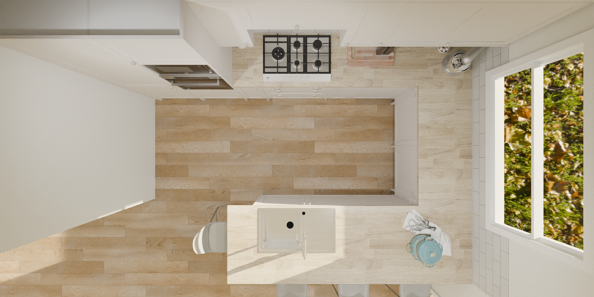 Top-down view of a kitchen with beige wooden flooring, white cabinets, a stove, a stainless steel sink, a window with a view of trees, and some stacked pots.