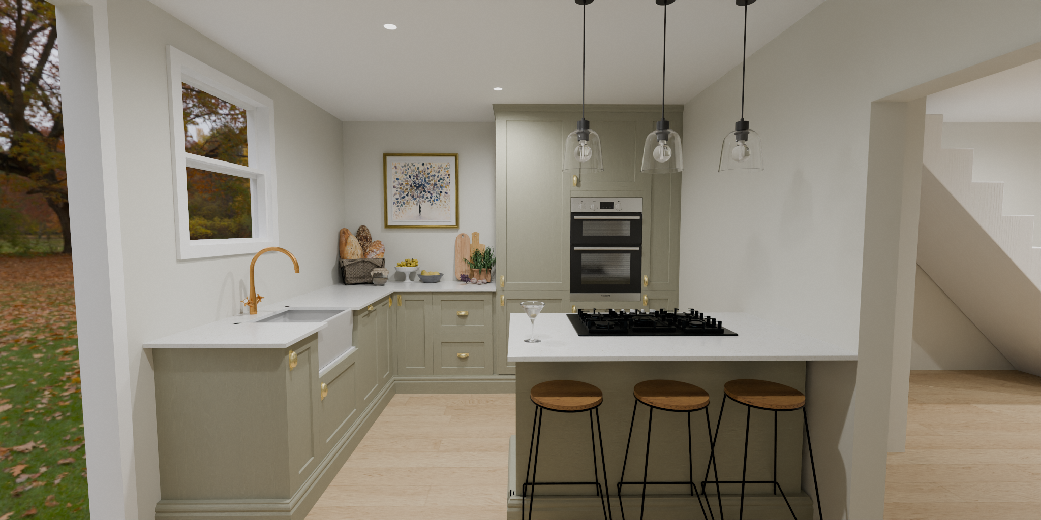 Modern kitchen with green cabinets, white countertop, and black appliances. Three pendant lights hanging above island with wooden stools. Window showing autumn outdoor scenery.