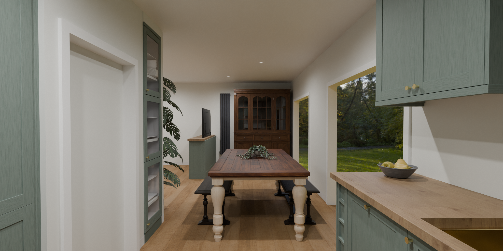 Modern kitchen with green cabinets, wooden countertop, dining table with bench seating, and large window showing outdoor greenery.