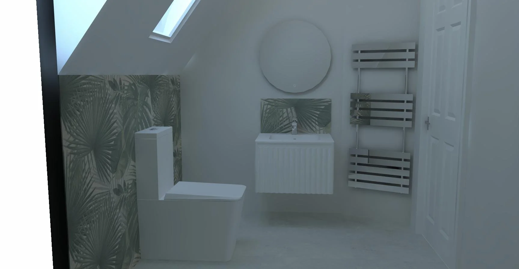 A modern bathroom with a toilet, a small sink with a mirror, a wall-mounted radiator, and a white door. The wall behind the toilet features tropical leaf-patterned wallpaper, and there's a skylight window on the sloped ceiling.