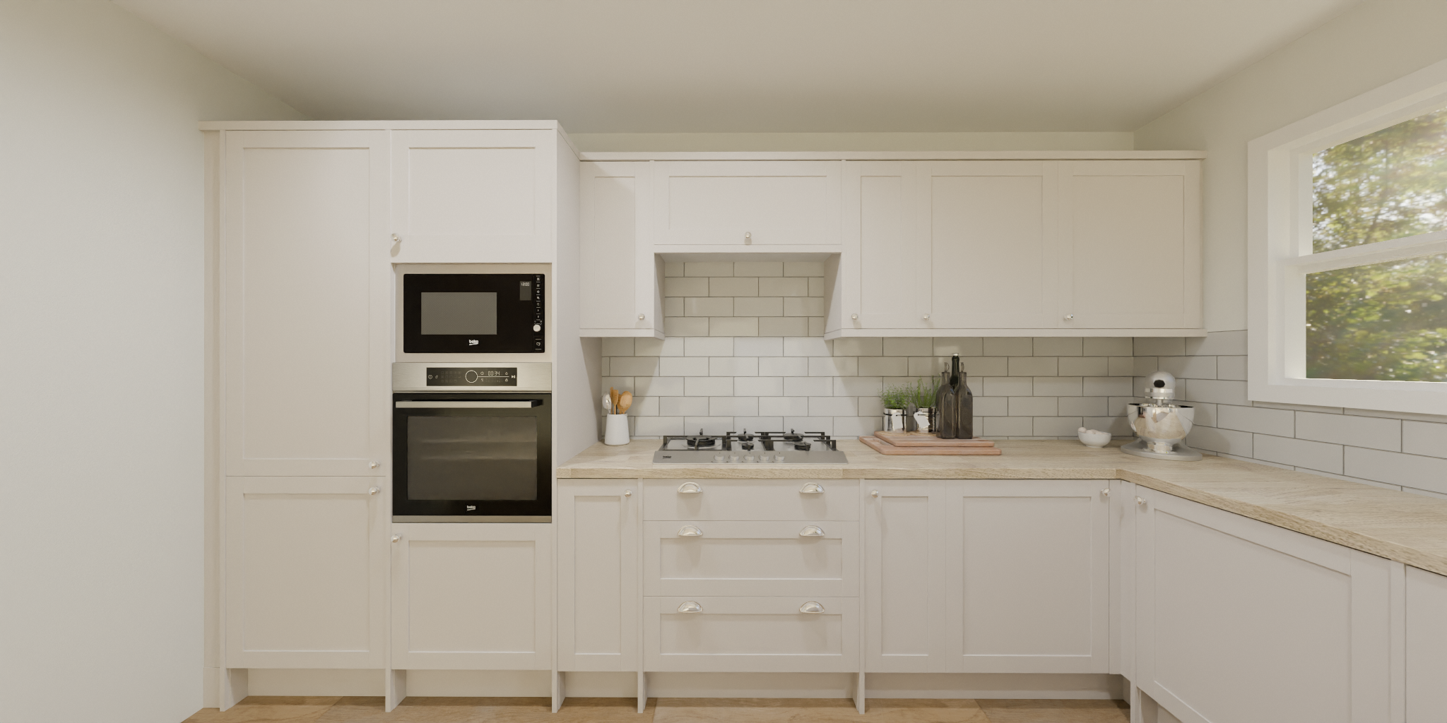 Bright kitchen with white cabinets and beige countertops, stainless steel oven and microwave, and a window showing trees outside.