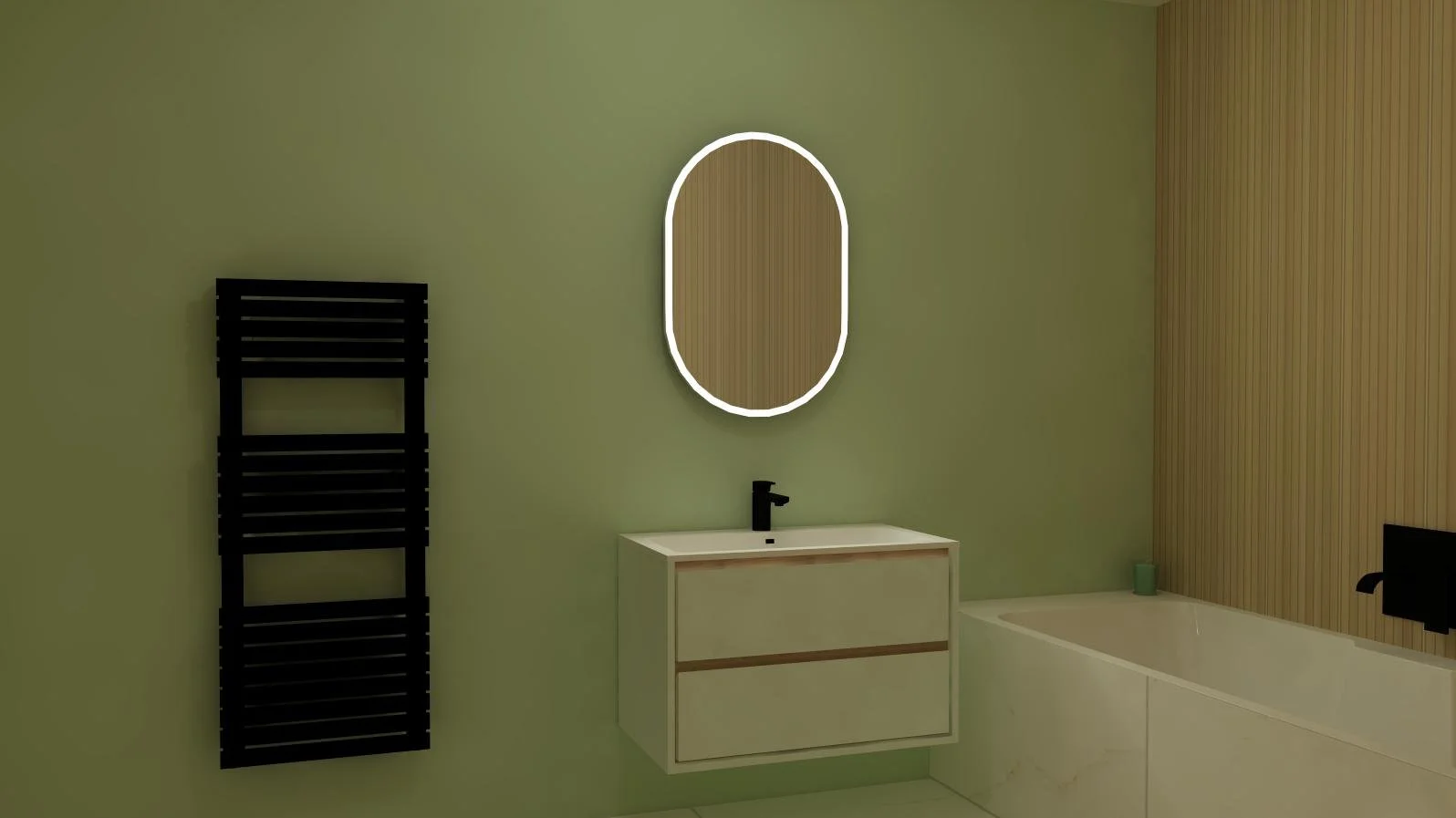 Modern bathroom with green walls, a black towel radiator, a white vanity with a black faucet, a mirror with LED lighting, a bathtub, and a wooden accent wall.