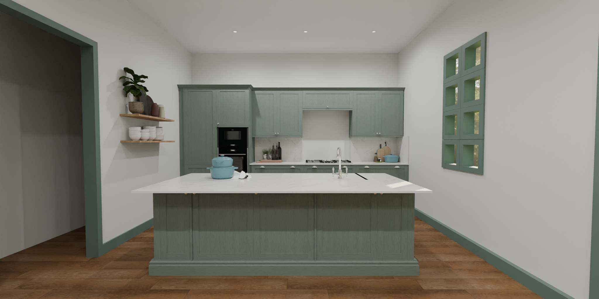 A modern kitchen with green cabinets, white walls, a central island with a marble countertop, and wooden flooring. There are open shelves with dishes and a potted plant, and a window with multiple panes on the right wall.