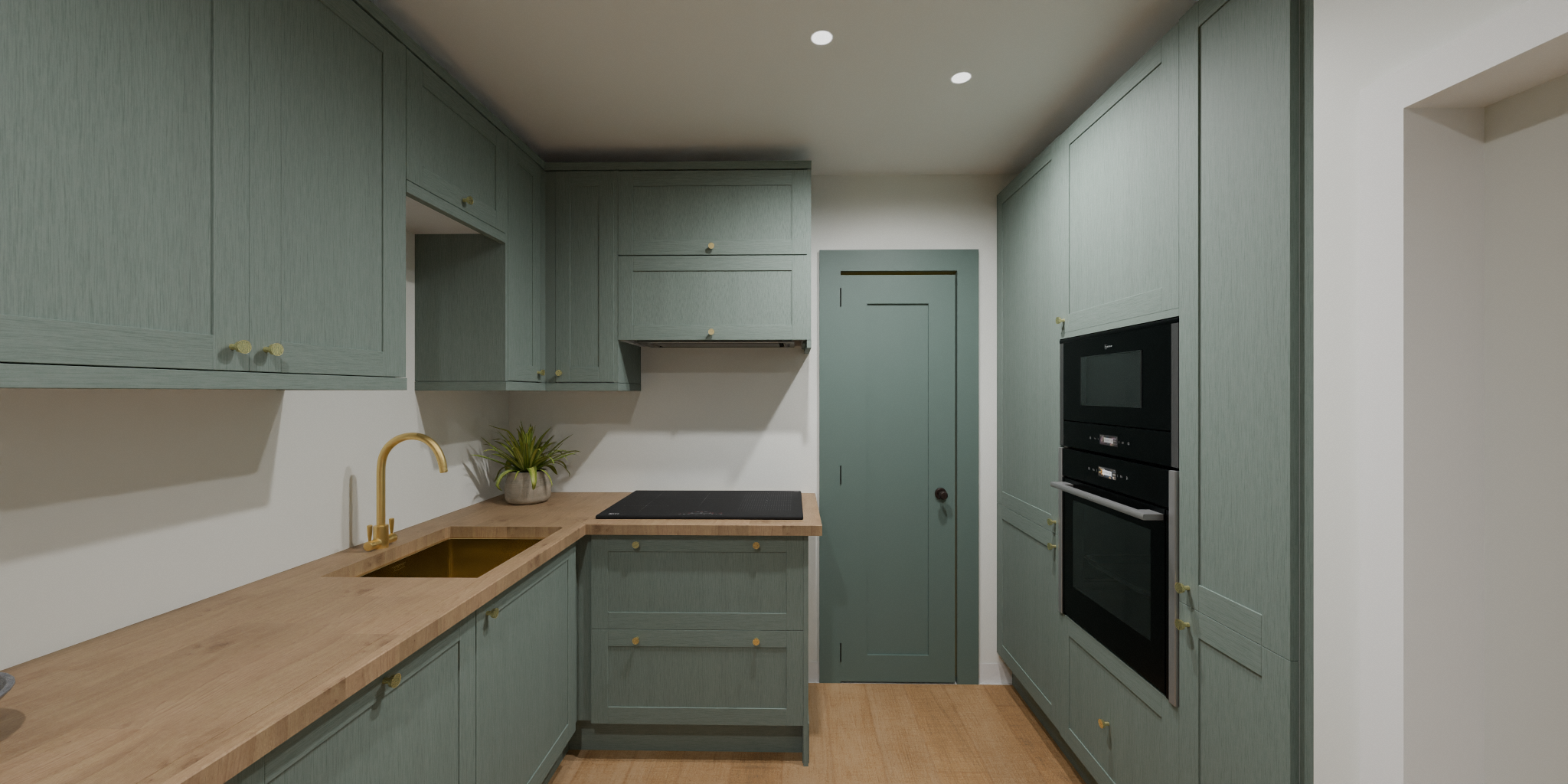 A modern kitchen with green cabinets, wooden countertops, a black stovetop, a built-in oven, a green door, and a small plant on the counter.