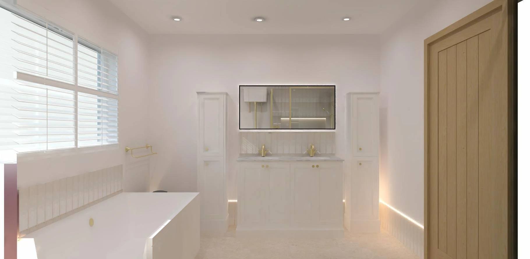 A modern bathroom with white cabinetry, gold fixtures, a large mirror, white walls, a window with white shutters, a wooden door, and subtle lighting accents.