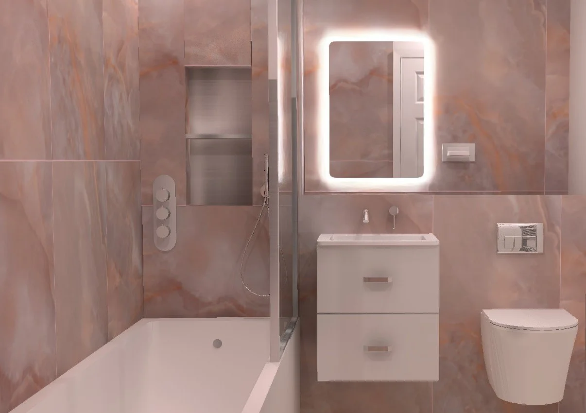 Modern bathroom with pinkish marble walls, a shower area with a glass partition, a wall-mounted toilet, a white vanity with a sink, and a backlit mirror.