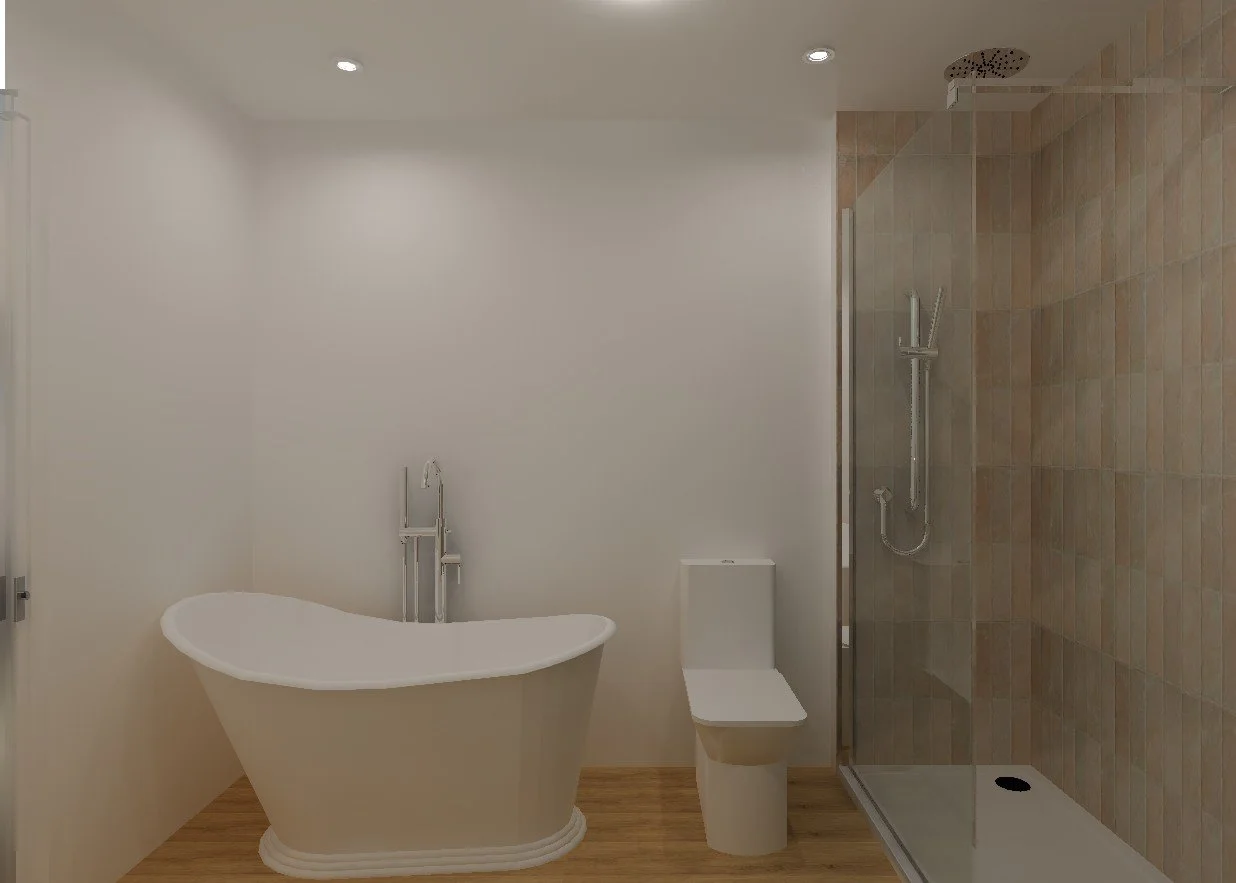 Modern bathroom featuring a freestanding bathtub, a wall-mounted toilet, and a walk-in shower with glass enclosure and beige tiled walls.