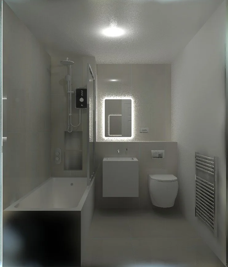 Modern bathroom with bathtub, shower, sink, mirror with backlight, toilet, and radiator.