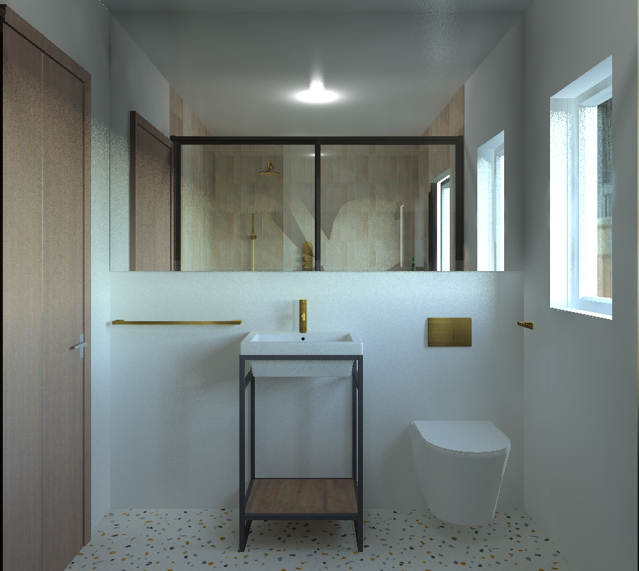 Modern bathroom with a white sink on a black stand, a wooden vanity below, a gold faucet, gold flush plate, and gold accents. There is a shower area with a glass door, and the bathroom has white walls, windows, and terrazzo flooring.