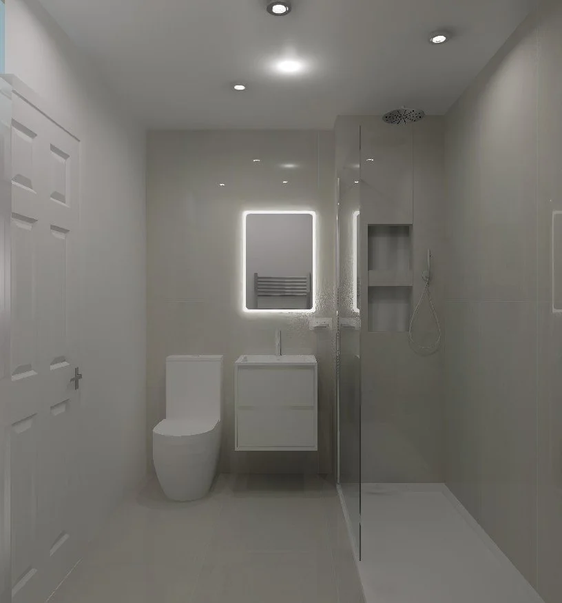 Modern bathroom with white walls, a toilet, a small vanity with a mirror, and a shower area with a glass partition.