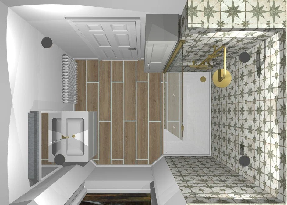 A top-down view of a modern bathroom with a patterned tile floor, a sink with a mirror and gold fixtures, wooden wall paneling, a white door, and a radiator. The room has a mix of white and grey walls.