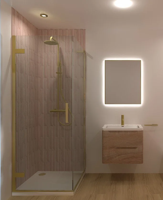 Bathroom with a glass shower enclosure, yellow fixtures, floating wooden vanity, and backlit mirror