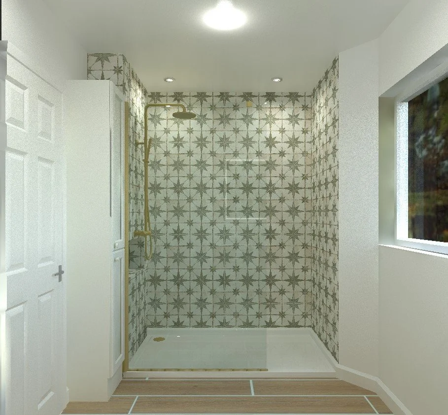 Bathroom with a walk-in shower, star-patterned tile walls, a window, and wooden-style flooring.