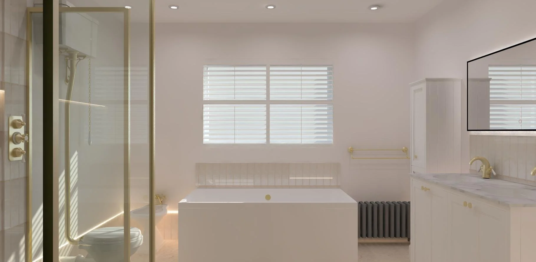 Bright, modern bathroom with a shower on the left, a bathtub in the center, and a vanity with a sink on the right. The room features white walls, a window with blinds, and gold accents.