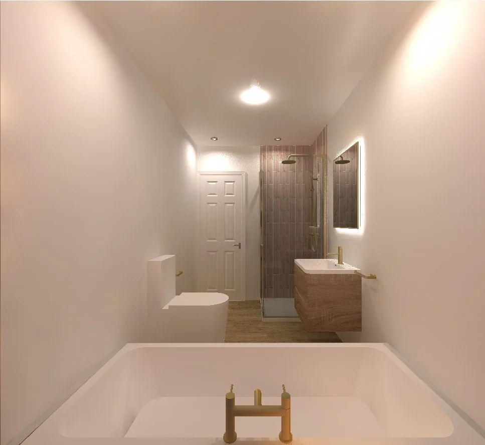 Modern bathroom with a bathtub, toilet, shower area, vanity with a mirror, and gold fixtures, all with minimalist design and warm lighting.