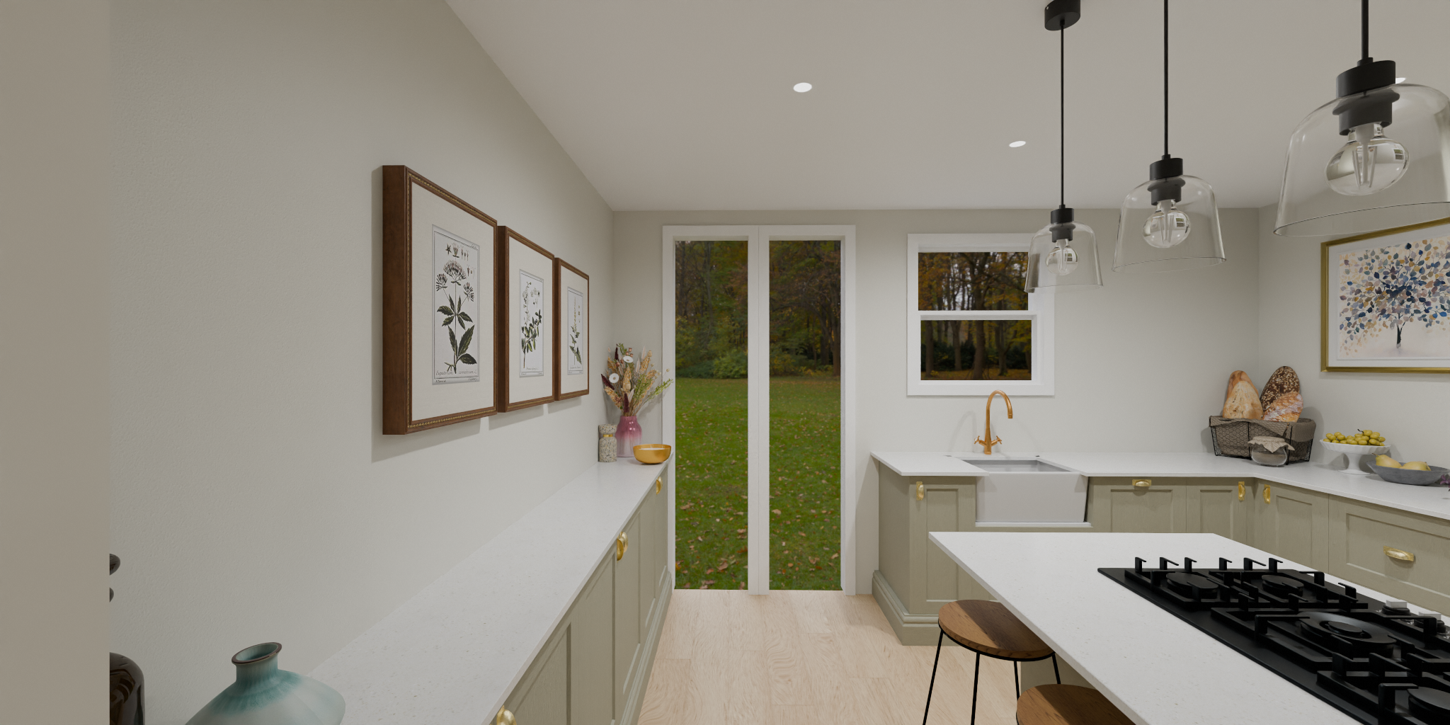 Modern kitchen with white countertops, gold hardware, pendant lighting, and view of a green backyard through sliding glass door.