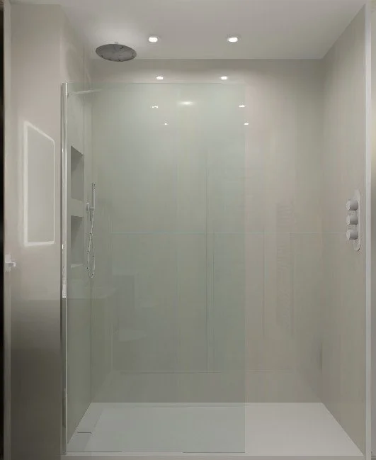A minimalist walk-in shower with white tiled walls, a ceiling-mounted showerhead, and built-in shower niches.