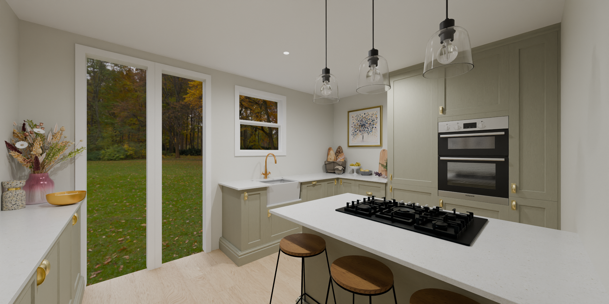 Modern kitchen with a white island, light green cabinets, stainless steel double oven, and large windows showing an autumn outdoor scene