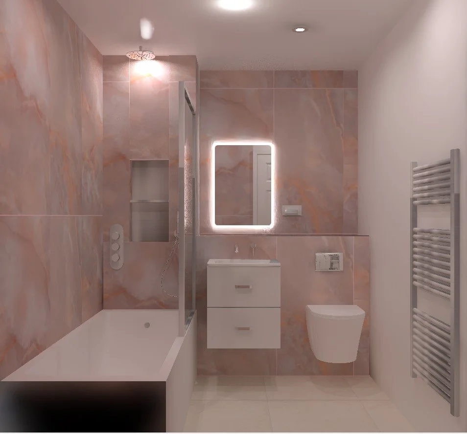 Modern bathroom with pink marble walls, a bathtub, a shower, a backlit mirror, a floating vanity with two drawers, a wall-mounted toilet, and a heated towel rail.