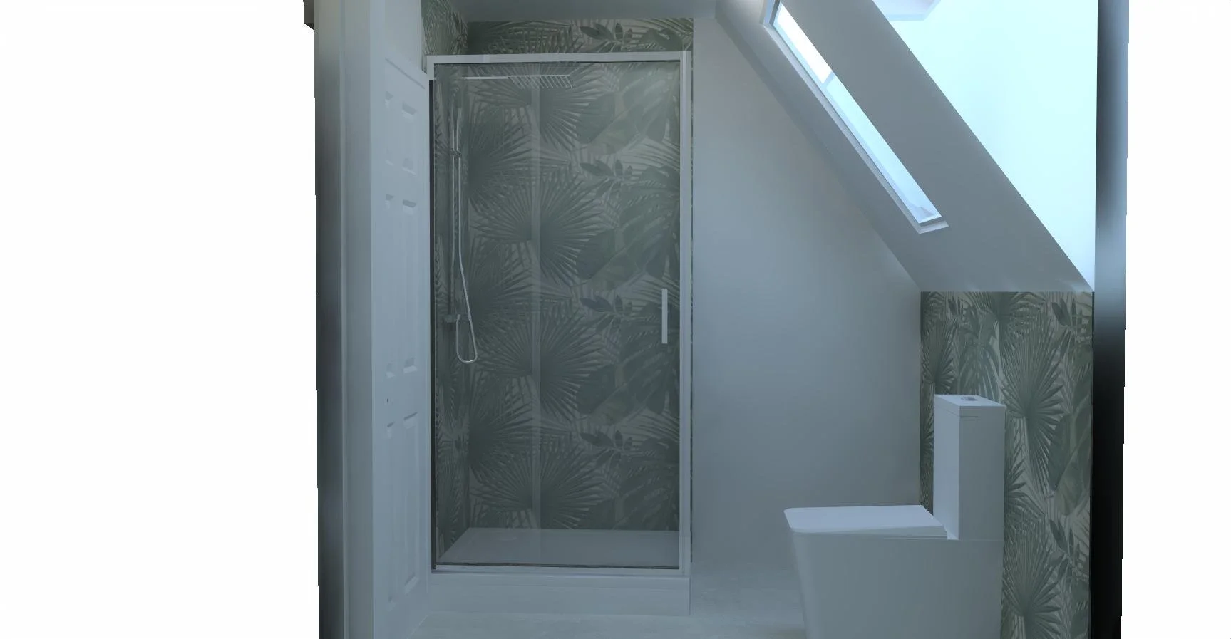 A modern bathroom with a corner glass shower enclosure, tropical leaf patterned wallpaper, a skylight window, a white toilet, and clean minimalistic design.