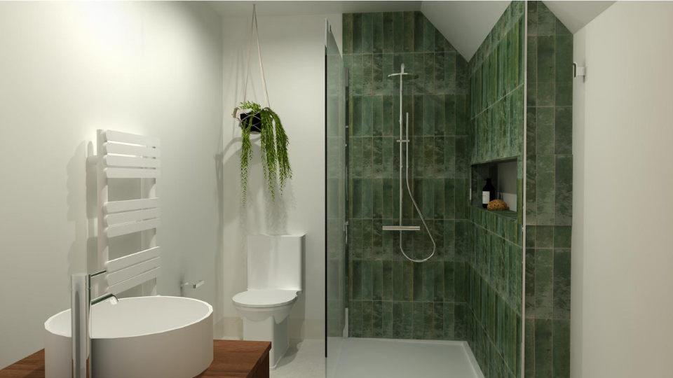 Modern bathroom with a shower area featuring green tiled walls, a white toilet, a white freestanding bath on a wooden platform, and a hanging plant.